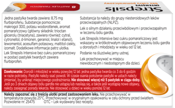 STREPSILS Intensive ,pastylki twarde do ssania, przeciwbólowe, przeciwzapalne, bez cukru, smak pomarańczowy,tył
