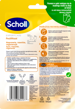 Tył opakowania maski do stóp Scholl PediMask, nawilżające skarpetki. Żółto-zielone tło, instrukcje, skład.