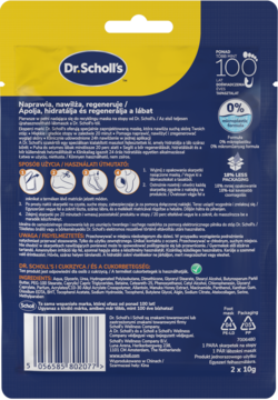 Tył niebiesko-żółtego opakowania maski do stóp Dr. Scholl's, nawilżające i regenerujące skarpetki z miodem.