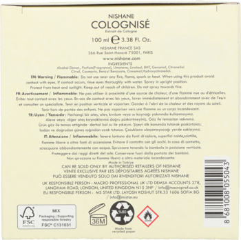 Tył kremowego opakowania perfum NISHANE COLOGNISÉ 100ml, z czytelną etykietą i ostrzeżeniami. Świeży zapach.