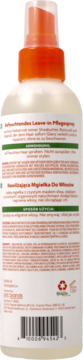 Tył białej butelki nawilżającej mgiełki Cantu Leave-in z masłem shea, pomarańczowy atomizer.