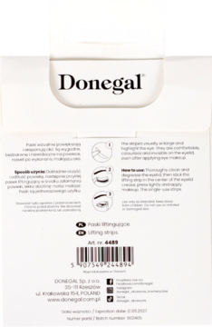 Tył białego opakowania Donegal Paski liftingujące do powiek, z instrukcjami i kodem kreskowym.
