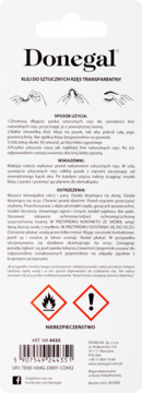 Tył opakowania przezroczystego kleju do sztucznych rzęs Donegal, z instrukcją użycia i symbolami ostrzegawczymi.