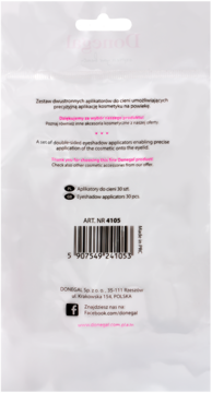 Tył białej torebki aplikatorów do cieni Donegal 30 sztuk z instrukcją i kodem kreskowym.