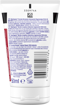Tył białej tubki intensywnie regenerującego kremu do rąk Neutrogena 50ml z kodem kreskowym i składem.