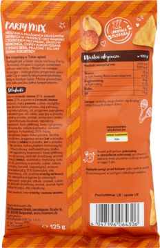 Tył pomarańczowo-brązowego opakowania Genuss Plus Party Mix, widać składniki i wartości odżywcze produktu.