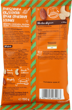 Tył pomarańczowej torebki Genuss Plus, orzechy prażone i solone, śmietana i cebula, 150g, z etykietą.