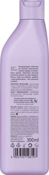 Tył fioletowej butelki naturalnej, wygładzającej odżywki do włosów 300ml z etykietą, instrukcją i kodem kreskowym.