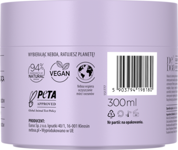 Tył fioletowego słoika wygładzającej maski 300ml, z etykietami 94% Natural, Vegan i PETA.