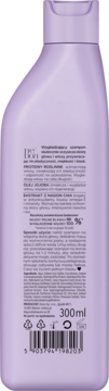 Wygładzający szampon Neboa Glossy Hair, fioletowa butelka 300ml, widok z tyłu z opisem składu.
