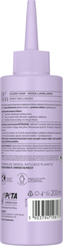 Tył liliowej butelki Neboa Woda Lamelarna 200ml do włosów, z tekstem o efekcie tafli wody, kodem kreskowym i PETA.