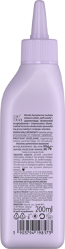 Tył fioletowej butelki Neboa Glossy Hair Woda Lamelarna z aplikatorem, widoczny kod kreskowy i etykiety, 200ml.
