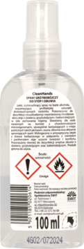 Przezroczysty spray CleanHands do stóp i obuwia, widok tyłu butelki z polską etykietą, ostrzeżeniami i kodem.