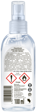 Tył przezroczystej butelki CleanHands sprayu grzybobójczego do stóp i obuwia 100 ml z etykietą, ostrzeżeniami.