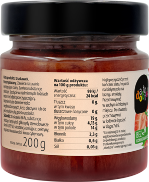 Tył szklanego słoika keto konfitury truskawkowej, z widoczną etykietą i danymi odżywczymi, masa 200g.