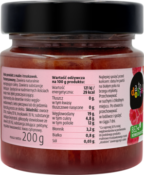 Tył słoika atodobre! Keto konfitura z malin i truskawek, różowa etykieta z tabelą wartości odżywczych.