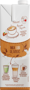Biały karton Inka Migdałowe Barista, roślinny napój do kawy z puszystą pianką, frontowe ujęcie.