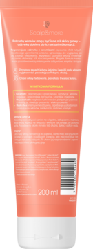 Tył pomarańczowej tubki Scalp&more smooth regenerującej odżywki z ceramidami 200 ml, widoczne opisy.