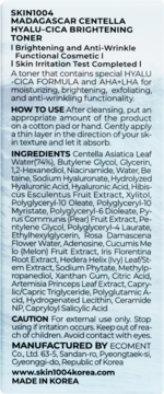 Toner SKIN1004 Centella Hyalu-Cica Brightening, widok z tyłu opakowania z listą składników i opisem.