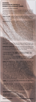 SKIN1004 Probio-CICA Essence Toner, widok z tyłu opakowania z pełnym składem i opisem w języku angielskim i koreańskim.