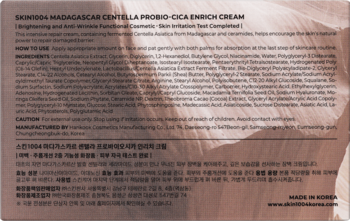 Tył opakowania kremu SKIN1004 Madagascar Centella Probio-CICA Enrich Cream, z widocznym składem i opisem.