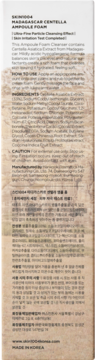 Tył kartonowego opakowania Skin1004 Madagascar Centella Ampoule Foam. Widoczne składniki, instrukcja użycia.