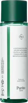 Tył butelki Purito Centella Toner, biała etykieta z zielonym paskiem i napisem o właściwościach łagodzących i wegańskich.