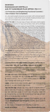SKIN1004 Madagascar Centella Suncream SPF50 back, white label, black text, ingredient list details.