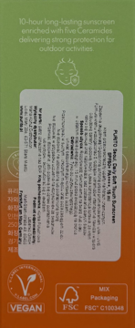 Tył opakowania kremu PURITO Seoul Daily Soft Touch Sunscreen SPF50+, zielono-pomarańczowe, ceramidy, vegan, FSC.