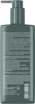 Tył szarej butelki szamponu Biovax Men 2w1 Anti-Hair Loss & Volume Boost z białą etykietą i składem.