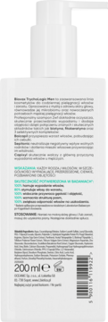 Tył białego szamponu Biovax Men 2w1 200ml na wypadanie włosów i objętość, widoczny opis, skład, barcode.