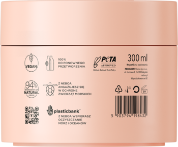 Tył opakowania maski Neboa by Curly Madeleine, 300 ml, wegańska, 94% naturalna, z logo PETA, brzoskwiniowa.
