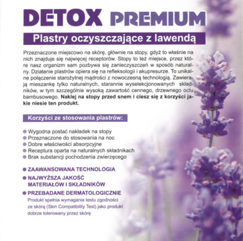 Detox Premium, fioletowe opakowanie plastrów oczyszczających z lawendą, widok z przodu, kwiaty lawendy w tle.