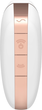 Satisfyer Love Triangle, biały stymulator łechtaczki z różowozłotym panelem i 3 ikonami, widok z przodu.