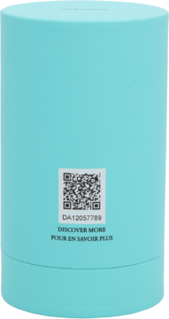 Turkusowe cylindryczne opakowanie perfum Tiffany & Love For Her, z tyłu kod QR i napis Discover More.