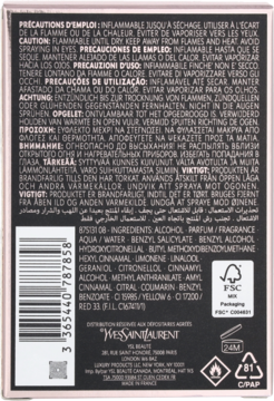 Tył czarnego opakowania perfum Black Opium Yves Saint Laurent z etykietą, kodem kreskowym i ostrzeżeniami.