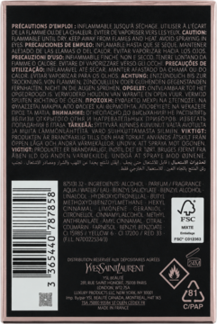Tył czarnego, brokatowego opakowania perfum Yves Saint Laurent Black Opium z listą składników i ostrzeżeniami.