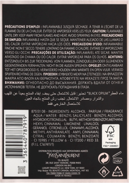 Tył opakowania perfum Yves Saint Laurent Black Opium, czarne tło, widoczne ostrzeżenia i lista składników.