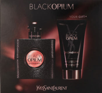 Zestaw YSL Black Opium: brokatowa butelka perfum 50ml z logo i czarne mleczko do ciała 50ml.