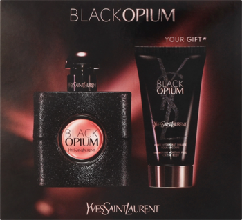 Zestaw YSL Black Opium: perfumy 50ml w czarnej, brokatowej butelce i mleczko do ciała 50ml, na ciemnym tle.