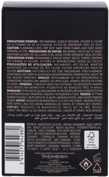 Tył czarnego opakowania perfum YSL Black Opium z białym tekstem ostrzeżeń i składników.