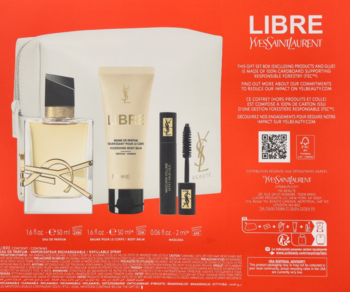Zestaw YSL Libre dla kobiet, perfumy 50ml, balsam i czarna mascara, w białej kosmetyczce na czerwonym tle.