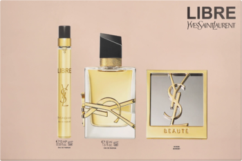 Zestaw YSL Libre dla kobiet: duża woda perfumowana, spray podróżny i złote lusterko z logo, na różowym opakowaniu.