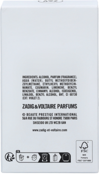 Tył białego opakowania wody perfumowanej Zadig & Voltaire This is Her z listą składników i logo FSC.