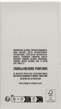 Jasnoszary tył opakowania Zadig & Voltaire This is Her Eau de Parfum, widoczne składniki i logo FSC.