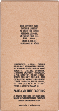 Tył jasnobrązowego, kartonowego opakowania perfum Zadig & Voltaire z listą składników i tekstem reklamowym.