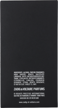 Tylna strona czarnego opakowania perfum Zadig & Voltaire This is Him dla mężczyzn, z białym napisem składników.
