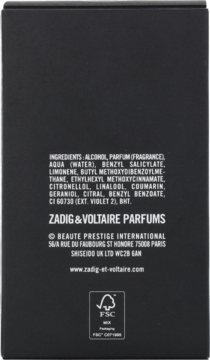 Tył czarnego opakowania perfum Zadig & Voltaire This is Him, widoczne białe napisy ze składem i adresem producenta.