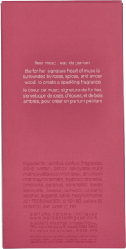 Tył różowego pudełka perfum Fleur Musc Eau de Parfum, widoczny opis składników i zapachu.