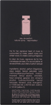 Tył czarnego opakowania perfum Narciso Rodriguez For Her Eau de Parfum z różowym flakonem i listą składników.